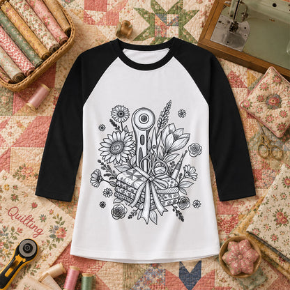 Rotary Cutter And Flowers Line Art Bouquet Raglan Sleeve - Black