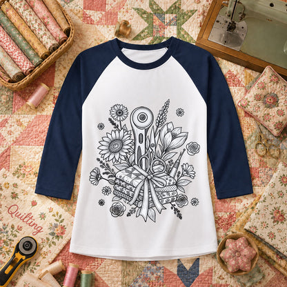 Rotary Cutter And Flowers Line Art Bouquet Raglan Sleeve - Navy