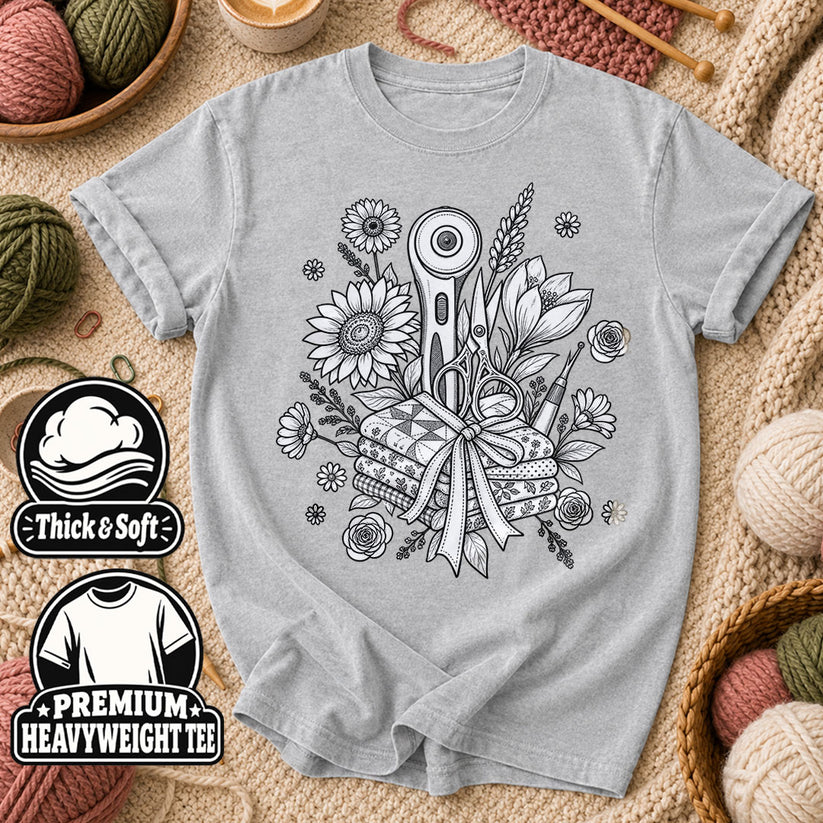 Rotary Cutter And Flowers Line Art Bouquet T-Shirt - Athletic Heather