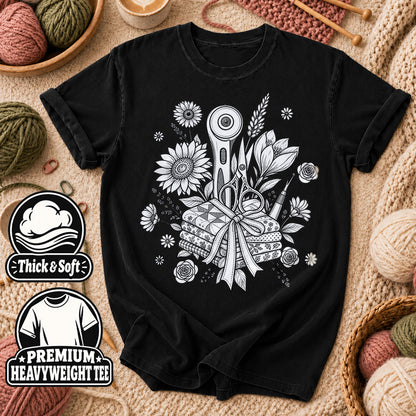 Rotary Cutter And Flowers Line Art Bouquet T-Shirt - Black