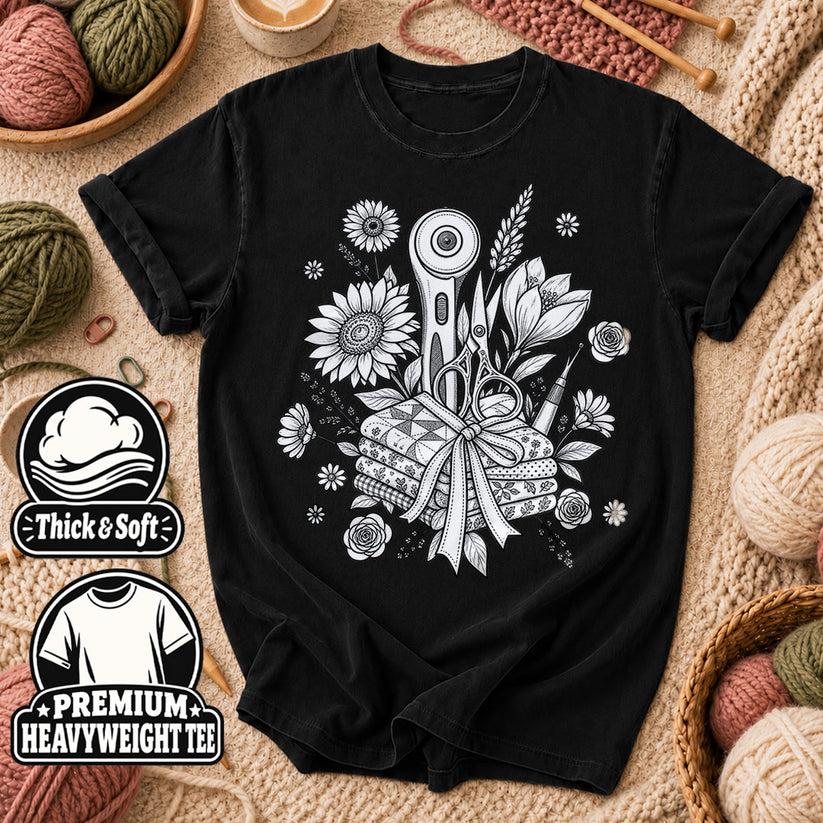 Rotary Cutter And Flowers Line Art Bouquet T-Shirt - Black