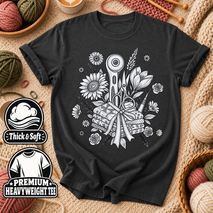 Rotary Cutter And Flowers Line Art Bouquet T-Shirt - Dark Heather Grey