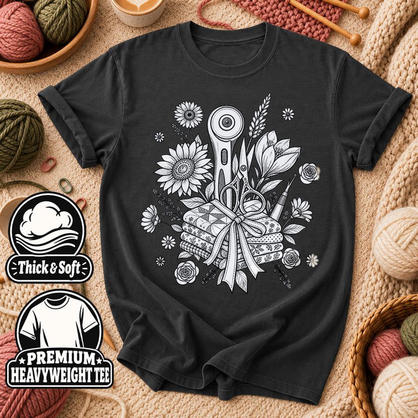Rotary Cutter And Flowers Line Art Bouquet T-Shirt - Dark Heather Grey