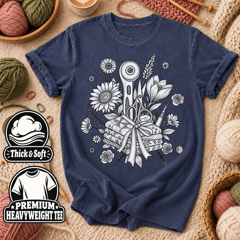 Rotary Cutter And Flowers Line Art Bouquet T-Shirt - Heather Navy