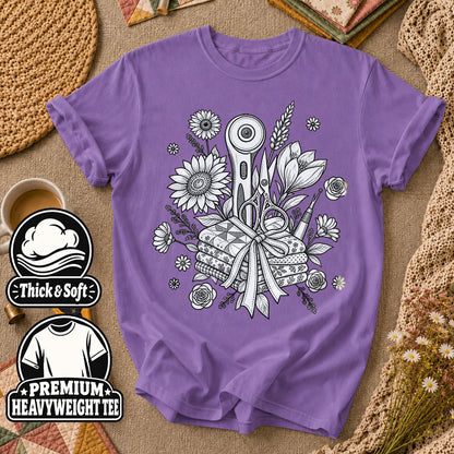 Rotary Cutter And Flowers Line Art Bouquet T-Shirt - Heather Team Purple