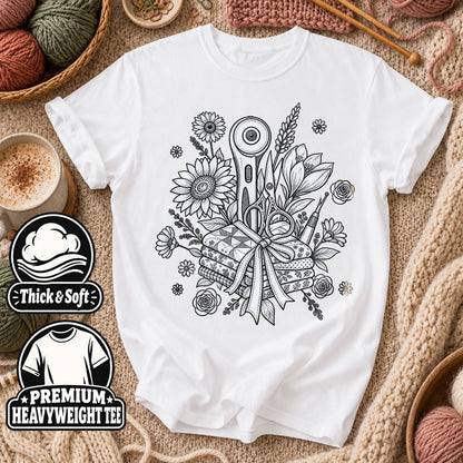 Rotary Cutter And Flowers Line Art Bouquet T-Shirt - White