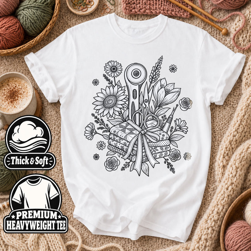 Rotary Cutter And Flowers Line Art Bouquet T-Shirt - White