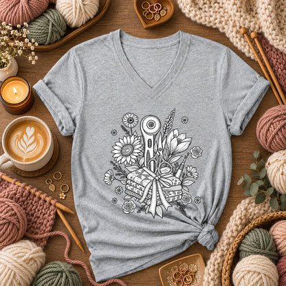 Rotary Cutter And Flowers Line Art Bouquet Women's V-Neck - Athletic Heather