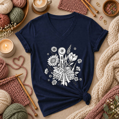 Rotary Cutter And Flowers Line Art Bouquet Women's V-Neck - Navy