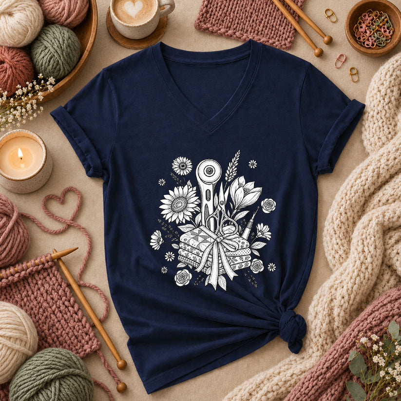 Rotary Cutter And Flowers Line Art Bouquet Women's V-Neck - Navy
