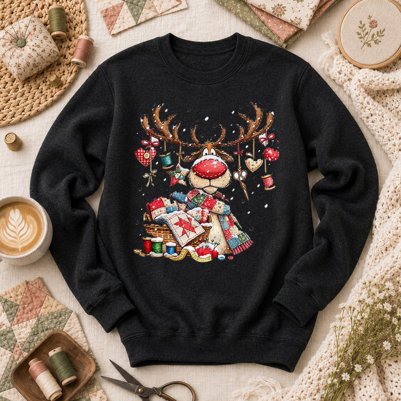 Rudolph Red Nose Reindeer With Quilt Basket Long Sleeve - Black