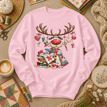 Rudolph Red Nose Reindeer With Quilt Basket Long Sleeve - Light Pink
