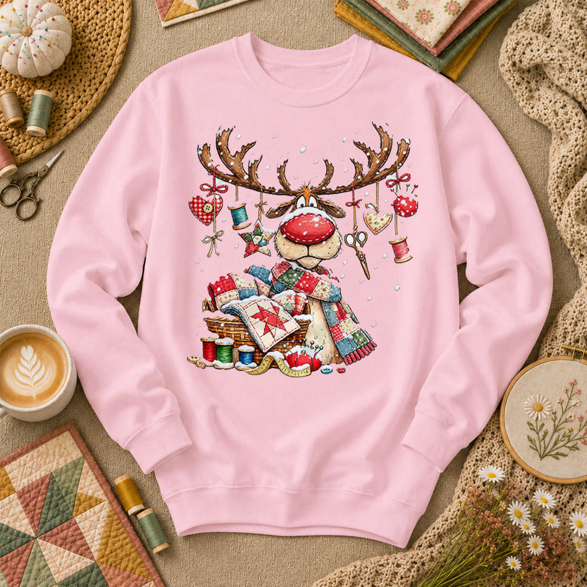 Rudolph Red Nose Reindeer With Quilt Basket Long Sleeve - Light Pink
