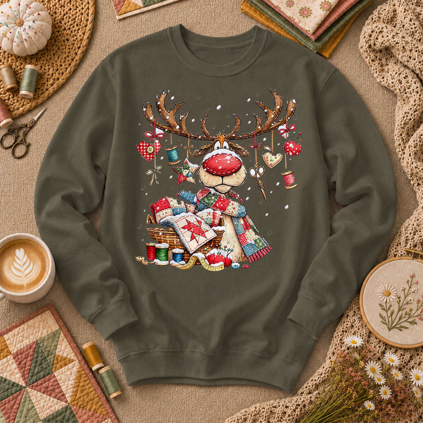 Rudolph Red Nose Reindeer With Quilt Basket Long Sleeve - Military Green