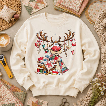 Rudolph Red Nose Reindeer With Quilt Basket Long Sleeve - Natural