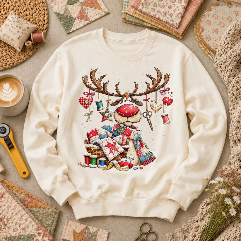 Rudolph Red Nose Reindeer With Quilt Basket Long Sleeve - Natural