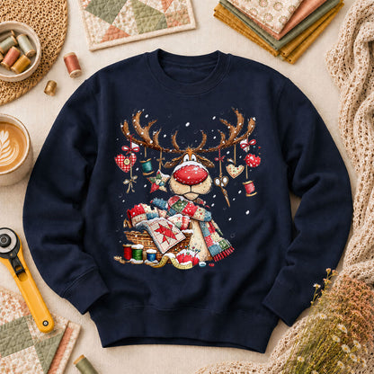 Rudolph Red Nose Reindeer With Quilt Basket Long Sleeve - Navy