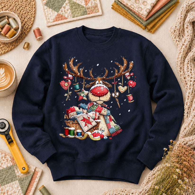 Rudolph Red Nose Reindeer With Quilt Basket Long Sleeve - Navy