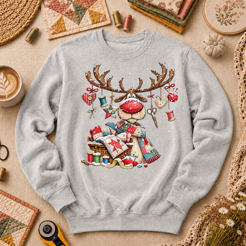 Rudolph Red Nose Reindeer With Quilt Basket Long Sleeve - Sport Grey