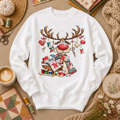Rudolph Red Nose Reindeer With Quilt Basket Long Sleeve - White
