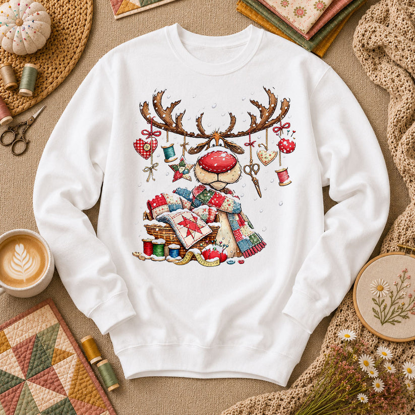 Rudolph Red Nose Reindeer With Quilt Basket Long Sleeve - White