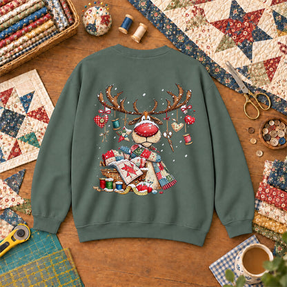 Rudolph Red Nose Reindeer With Quilt Basket Sweatshirt - Forest Green