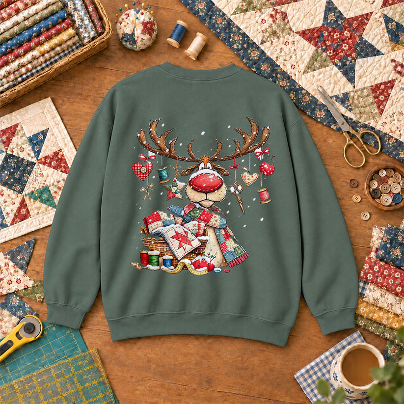 Rudolph Red Nose Reindeer With Quilt Basket Sweatshirt - Forest Green