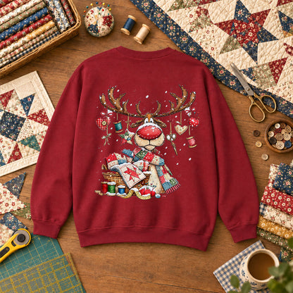 Rudolph Red Nose Reindeer With Quilt Basket Sweatshirt - Garnet