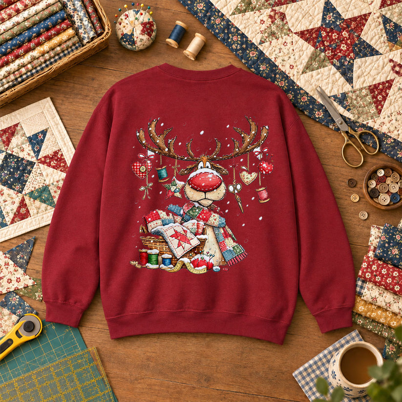 Rudolph Red Nose Reindeer With Quilt Basket Sweatshirt - Garnet