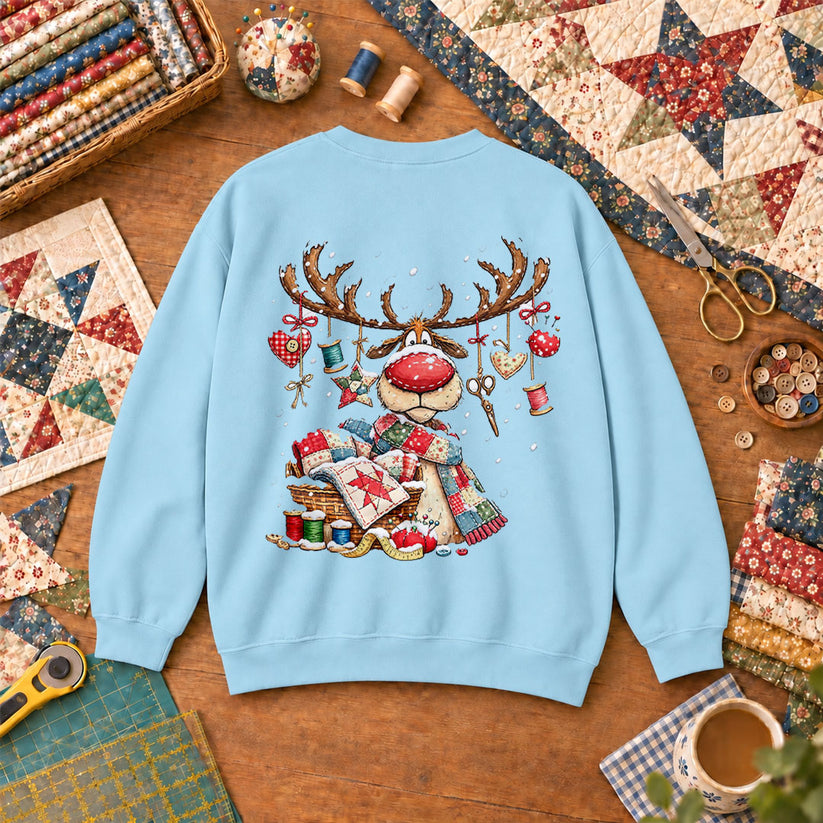 Rudolph Red Nose Reindeer With Quilt Basket Sweatshirt - Light Blue