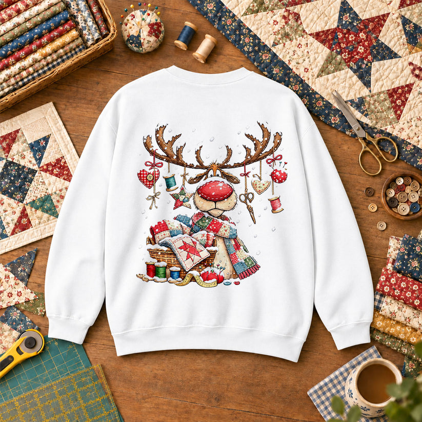 Rudolph Red Nose Reindeer With Quilt Basket Sweatshirt - White