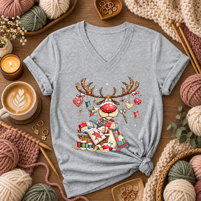 Rudolph Red Nose Reindeer With Quilt Basket Women's V-Neck - Athletic Heather