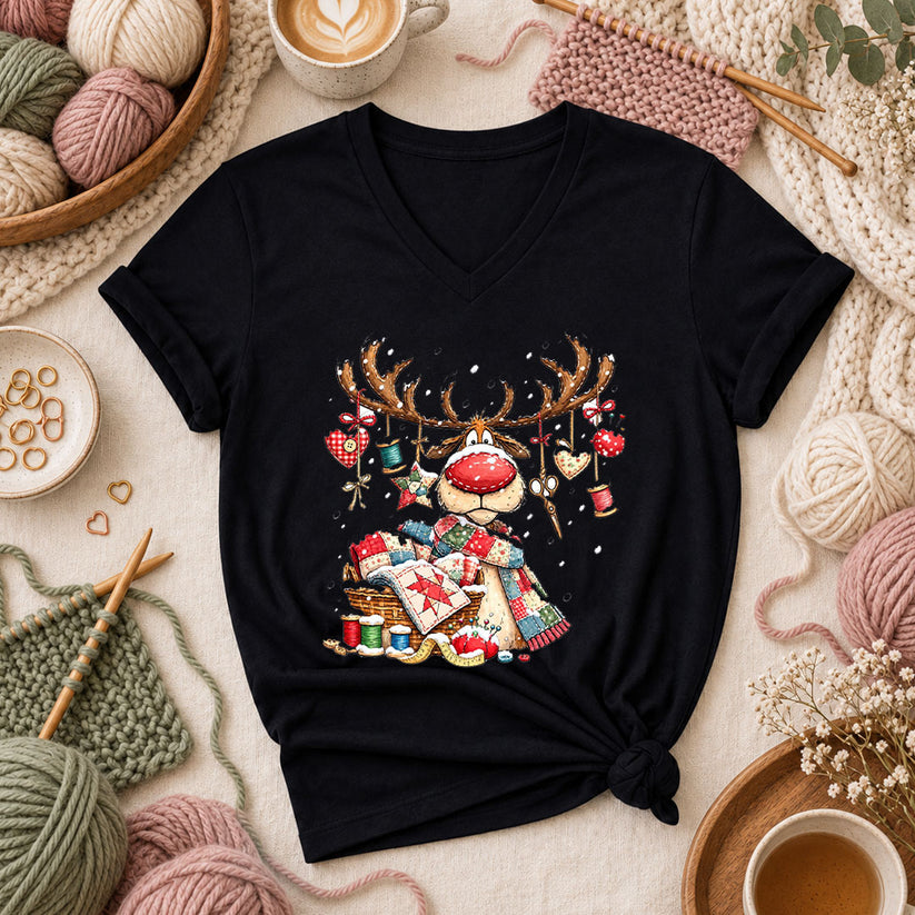 Rudolph Red Nose Reindeer With Quilt Basket Women's V-Neck - Black
