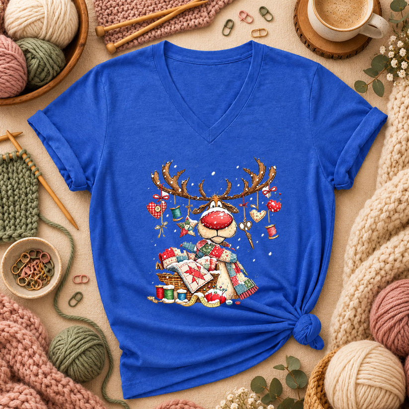 Rudolph Red Nose Reindeer With Quilt Basket Women's V-Neck - Heather True Royal