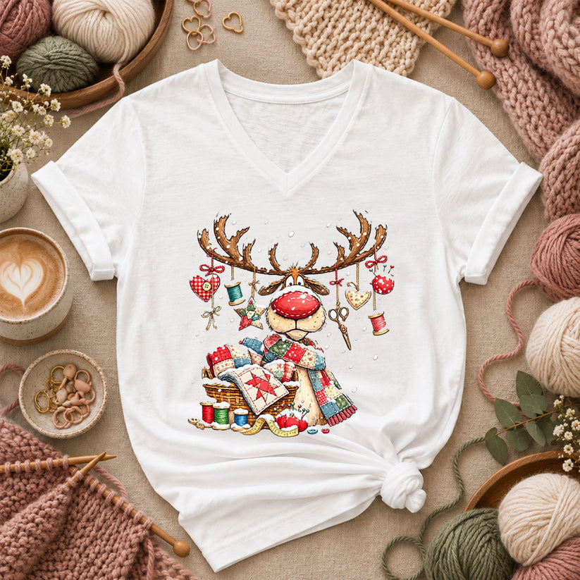 Rudolph Red Nose Reindeer With Quilt Basket Women's V-Neck - White
