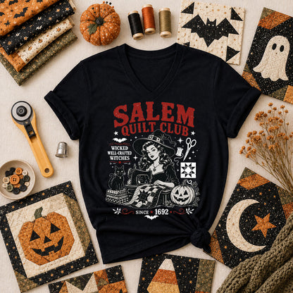 Salem Quilt Club Wicked Well-Crafted Witches Women's V-Neck - Black