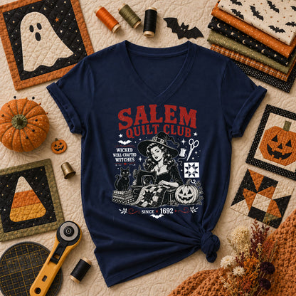 Salem Quilt Club Wicked Well-Crafted Witches Women's V-Neck - Navy