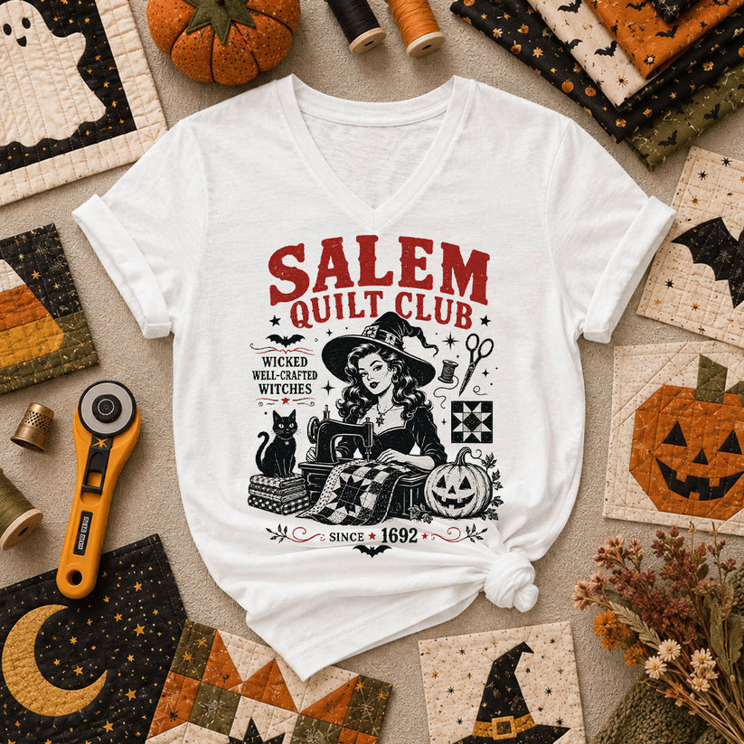 Salem Quilt Club Wicked Well-Crafted Witches Women's V-Neck - White