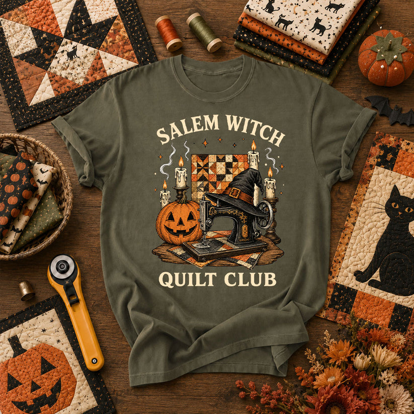Salem Witch Quilt Club Halloween T-Shirt - Military Green