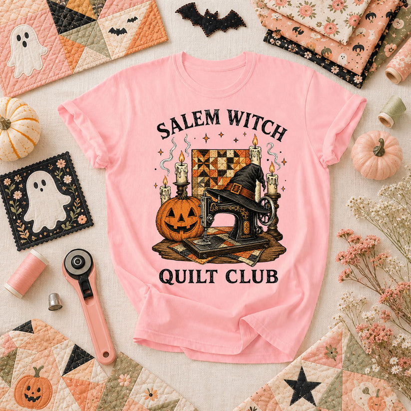 Salem Witch Quilt Club Halloween T-Shirt - Pink