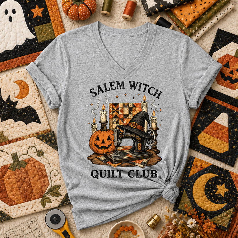 Salem Witch Quilt Club Halloween Women's V-Neck - Athletic Heather