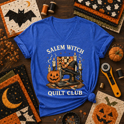 Salem Witch Quilt Club Halloween Women's V-Neck - Heather True Royal