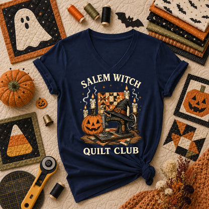 Salem Witch Quilt Club Halloween Women's V-Neck - Navy