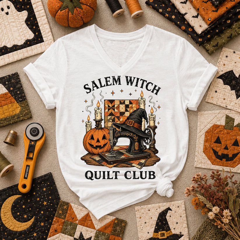 Salem Witch Quilt Club Halloween Women's V-Neck - White