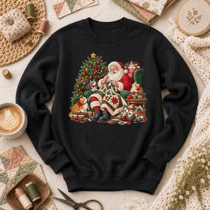 Santa Quilter Sewing With Kittens By Christmas Tree Long Sleeve - Black