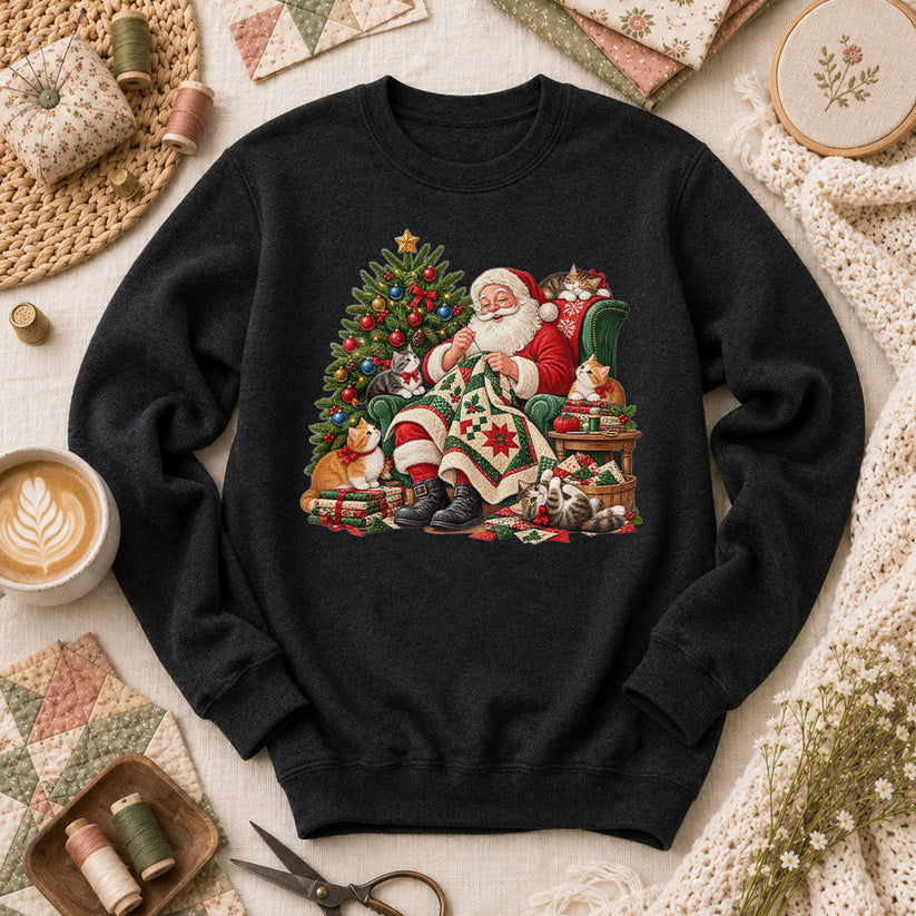 Santa Quilter Sewing With Kittens By Christmas Tree Long Sleeve - Black