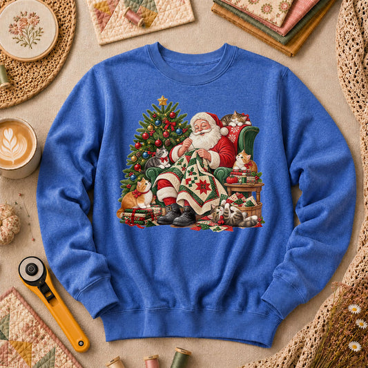 Santa Quilter Sewing With Kittens By Christmas Tree Long Sleeve - Heather True Royal