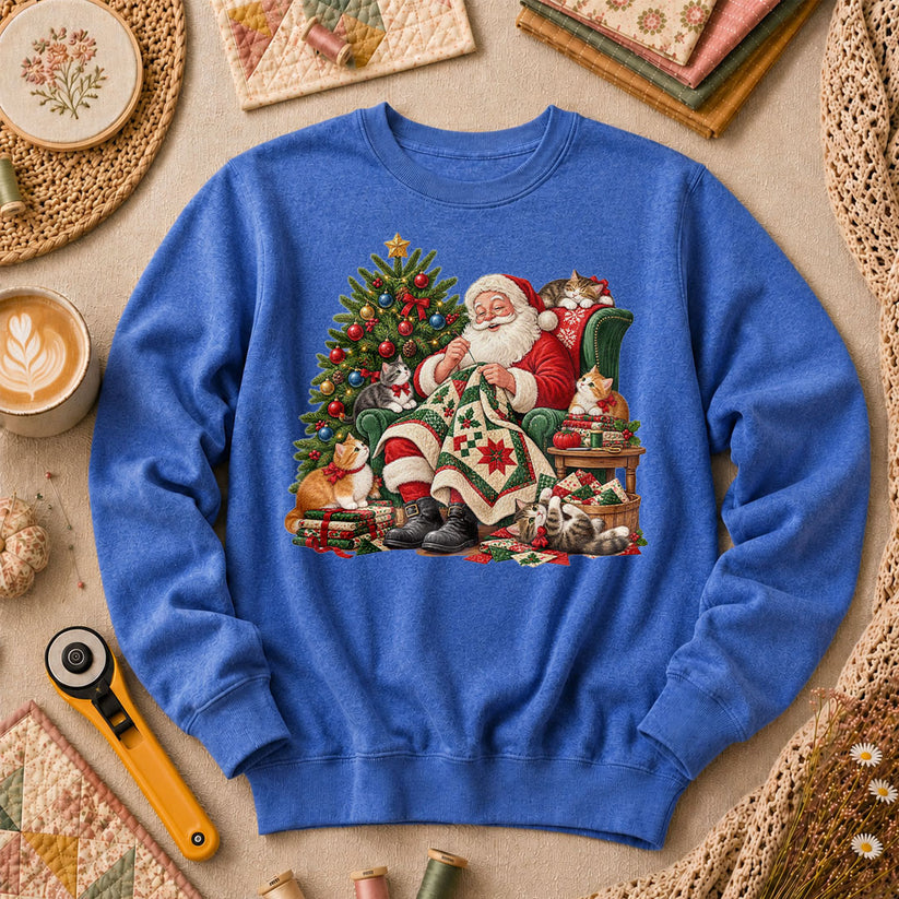 Santa Quilter Sewing With Kittens By Christmas Tree Long Sleeve - Heather True Royal