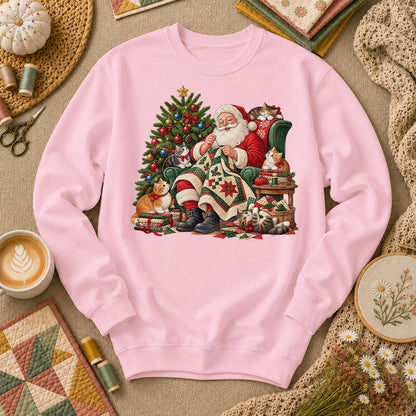 Santa Quilter Sewing With Kittens By Christmas Tree Long Sleeve - Light Pink