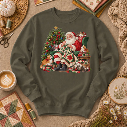 Santa Quilter Sewing With Kittens By Christmas Tree Long Sleeve - Military Green